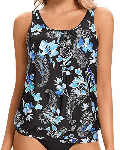 Flattering Black Blouson Tank Top Women's Tankini Tops Only-Blue Flora ...