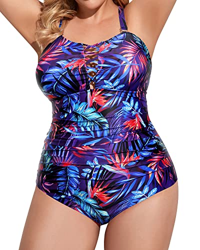 Full Coverage Plus Size Removable Padded Bra Lace Up One Piece Swimsuit-Blue Leaves