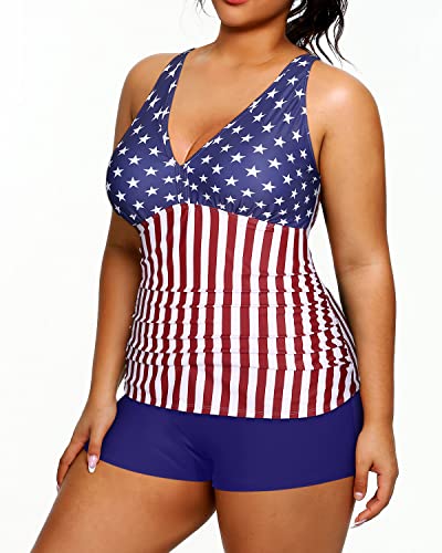 Tummy Control Plus Size Tankini Shorts Swimsuits For Women-American Flag