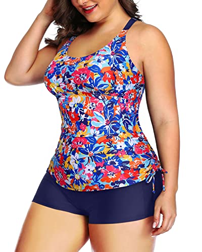 Athletic 2 Piece Plus Size Tankini Swimsuit Bathing Suit Top Shorts-Colorful Flower
