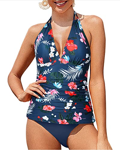 Women's V Neck Tankini & Bikini Bottom Tummy Control Swimsuit-Navy Blue Floral