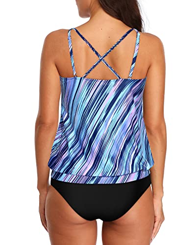 2 Piece Wireless Tankini Swimwear Elastic Band For Women-Blue And Black Stripe