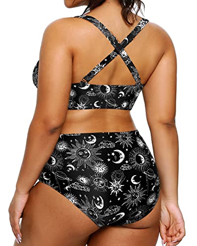 Ocean Playing Plus Size Bikini High Waisted Bikini Swimsuits For Women-Black Sun And Moon