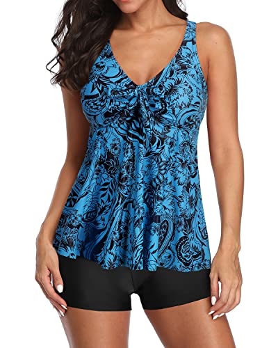 V Neck Swim Tank Tops Bathing Suits Modest Swimwear For Women-Black And Tribal Blue