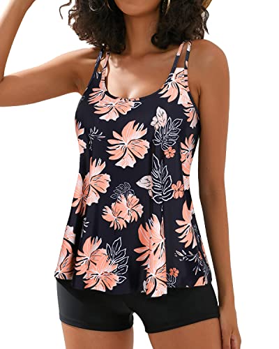 Modest Tankini Top Boy Shorts For Tummy Control Swimwear-Black Orange Floral