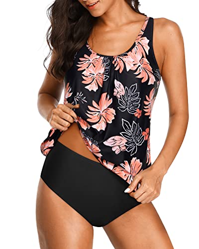 Women's Athletic Swimwear Blouson Tankini Swimsuits For Tummy Control-Black Orange Floral