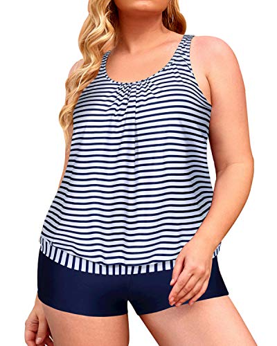 Wirefree Chest Pad Plus Size Tankini Swimsuits For Women-Blue White Stripe