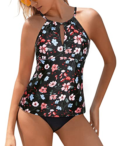 Cute Halter Two Piece Tankini Swimsuits High Neck And Shorts-Red