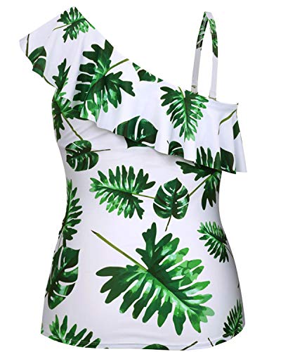 Push Up One-Shoulder Tankini Tops Ruched Tummy Control Swimsuit Tops-White Leaf