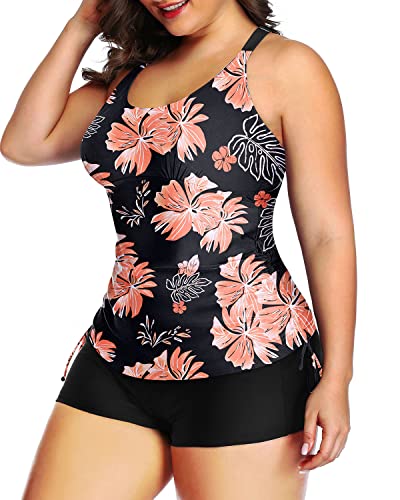 Full Coverage Plus Size Bathing Suit For Women Two Piece Ruched Swimsuit-Black Orange Floral