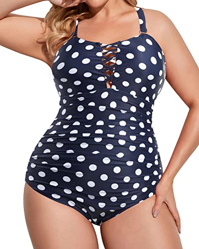 Ladies Adjustable Shoulder Straps Plus Size One Piece Swimsuits-Blue Dots