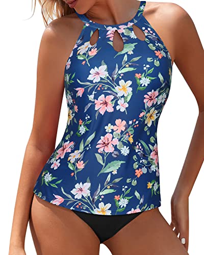 Tummy Control & Modest Coverage Two Piece Tankini Bathing Suit-Blue Flower