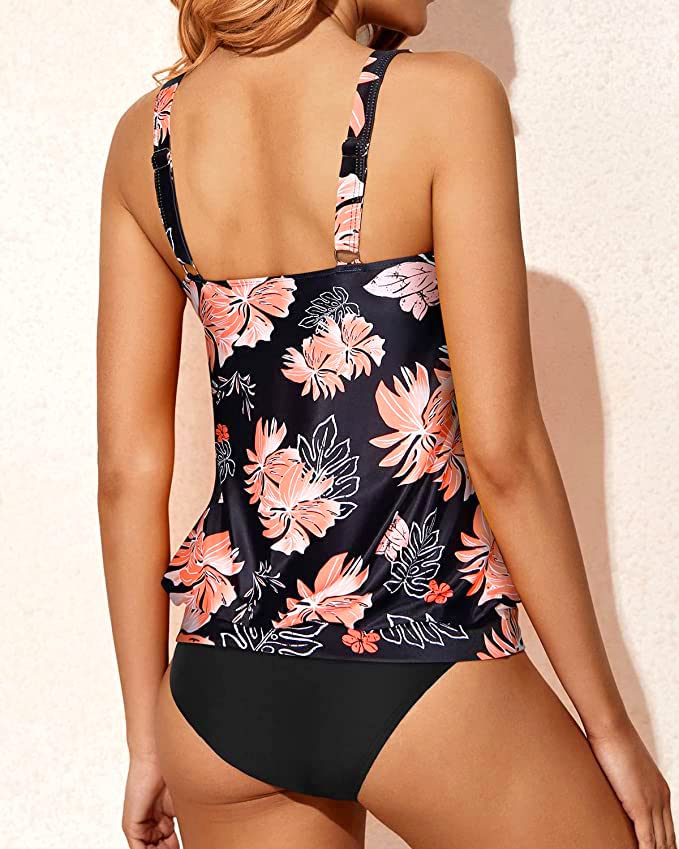 Women's Casual Athletic Tankini Sets Triangle Briefs-Black Orange Floral